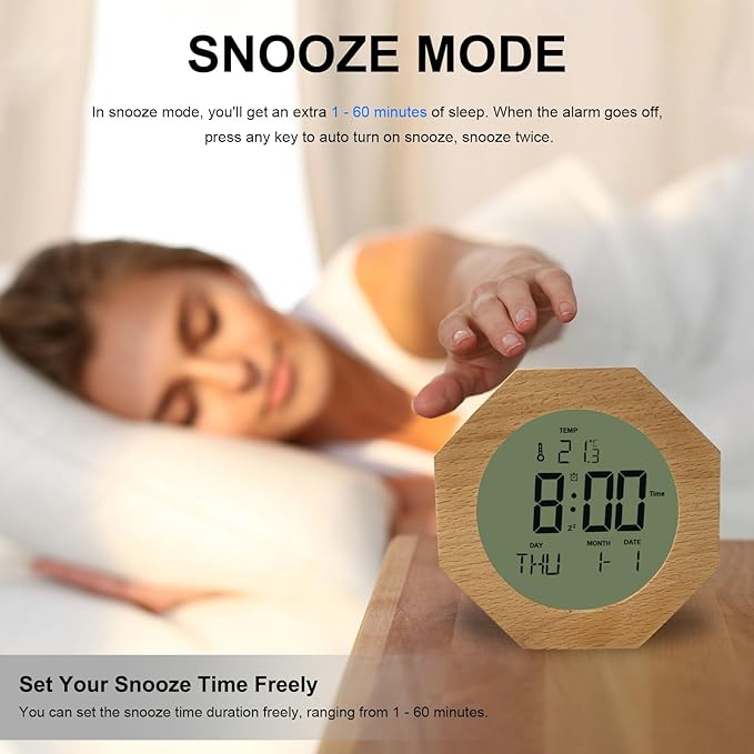 JoFomp Wooden Alarm Clock for Bedroom, 4'' LCD Nightlight Small Digital Clock Battery Operated, Loud Alarm Clock for Heavy Sleepers, Alarm Bedside Clock with Temp/Snooze/Date/Week/Countdown - 12/24H