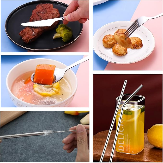 4 Colors Portable Travel Utensils with Case, Reusable Stainless Steel Cutlery Include Knife Fork Spoon Straw for Travel Camping Office