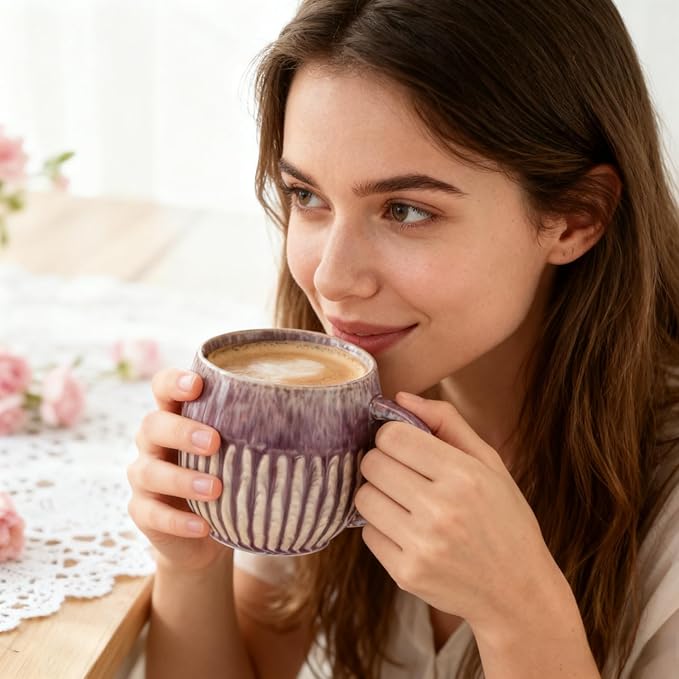 20oz Large Coffee Mug - Unique Handcrafted Look Ceramic Cup, Large Tea Mug, Microwave & Dishwasher Safe (Purple)