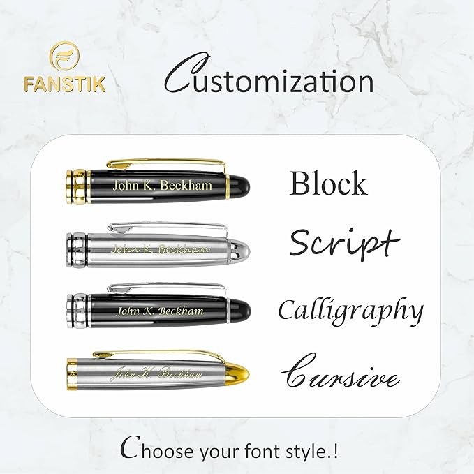 FANSTIK, Customized Fountain pen with name (MADE IN USA), stainless steel, black and silver, luxury engraved pen personalized for men and for women. (Fountain Black-Silver)
