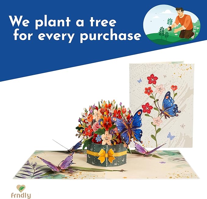 Frndly by Paper Love 3D Flower and Butterflies Pop Up Card, Gift for Birthday, Wedding, Anniversary, Thank You, Get Well, Valentine’s Day, Mother’s Day & All Occasions, 100% Recycled & Eco-Friendly, 8" x 6" Cover, Includes Envelope and Note Tag