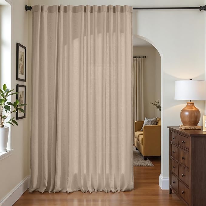 jinchan Extra Wide Sliding Door Curtain 96 Inch Length Taupe Linen Curtains Semi Sheer Drapes for Patio Door Living Room Bedroom Home Office Light Filtering Drapes 100 Inches Wide 1 Panel
