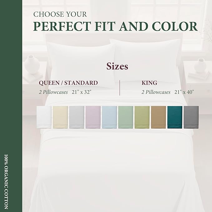 100% Organic Cotton Percale Pillow Cases Standard/Queen Size Set of 2 - Percale Pillowcases Standard/Queen (Light Grey), Soft Cooling Pillow Cases for Sleeping, Cotton Pillowcovers