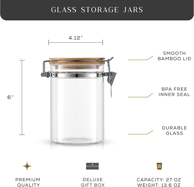 JoyJolt Borosilicate Glass Jars With Bamboo Lids (27oz). 2PC Set of Airtight Storage Jars with Clamp Lids for Pantry Storage. Air Tight Sealable Containers for Kitchen Organization.