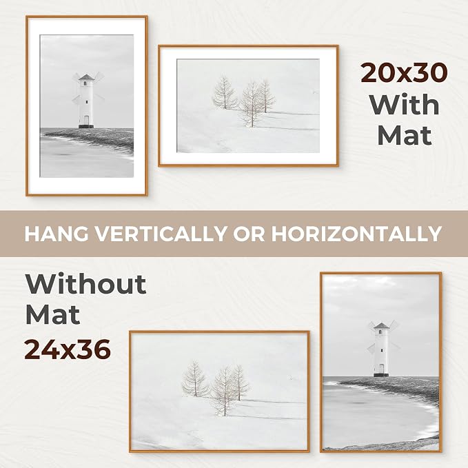 24x36 Picture Frame with Mat for 20x30, USA-Sourced Teak Wood Handcrafted Rounded Corner with HD Tempered Glass, 24 x 36 Gallery Wall Frames for Posters & Art Prints, Vertically or Horizontally