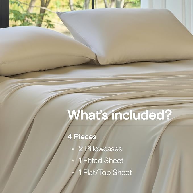 DOZ Sheet Set, 100% Viscose derived from Bamboo, Organically Grown, Buttery Soft, Cooling Sheets, High GSM, Deep Pockets - 4 Piece - 2 Pillowcases 1 Fitted 1 Top Sheet (Sand, Queen)