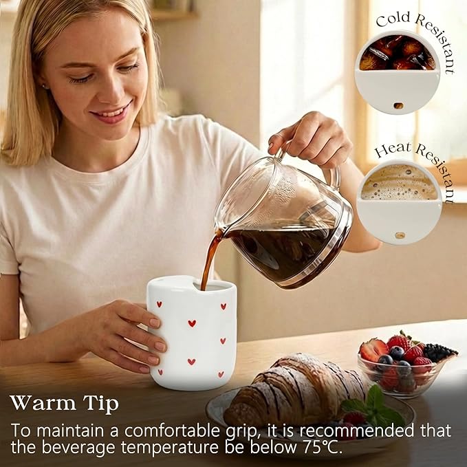 To Go Ceramic Coffee Cups with Lids, Romantic Red Hearts Ceramic Traval Mug with Sip Hole, 12oz Ceramic Sip Cups Pottery Travel Mug, Gifts For Him Her