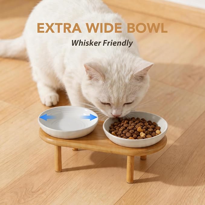 Havniva Elevated Cat Bowls Raised Ceramic Cat Bowl, 5.7” Wide Opening Cat Food Bowl Whisker Friendly Cat Dish Anti-Slip with Bamboo Stand, Shallow Pet Food & Water Bowl for Indoor Cats