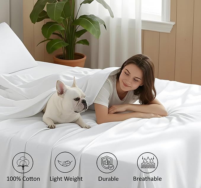 RUVANTI 100% Cotton Organic Percale Sheets Queen Size – Crisp Cooling Bed Sheets for Hot Sleepers, Deep Pocket 15”, Soft Peach Finish, Breathable & Durable Hotel-Style 4 Pcs, Bright White