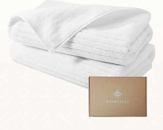 BIOWEAVES 100% Organic Cotton 700 GSM Luxury Ribbed Bath Towel Set for Bathroom 30" x 58" GOTS Certified - White, Pack of 2