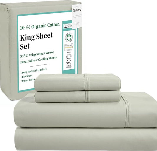 100% Organic Cotton Sheets For King Size Bed, 300 TC Luxury Sateen Weave, GOTS Certified 15" Deep Pocket King Sheet Set, Soft & Breathable, No Pill & Durable Sustainable Sheet & Pillowcase Sets - Sage