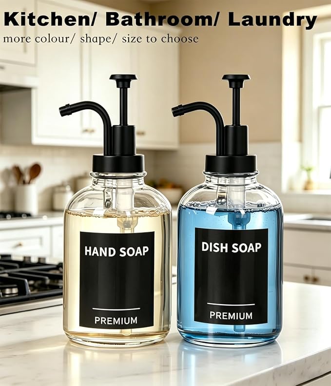 12oz Dish Soap Dispenser for Kitchen, Hand Glass Soap Dispenser Set with Pump, Tray, Funnel for Bathroom, Shower, Laundry, Liquid, Lotion (Black 2 Pack Clear Bottles with 12 Stickers)