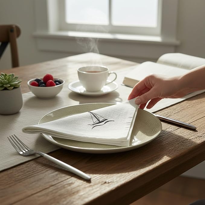 White Linen Dinner Napkins - 100% Linen Cloth - Fully Hemmed with Mitered Corners - Washable - Pack of 4 (Nautical Sailing Embroidered)