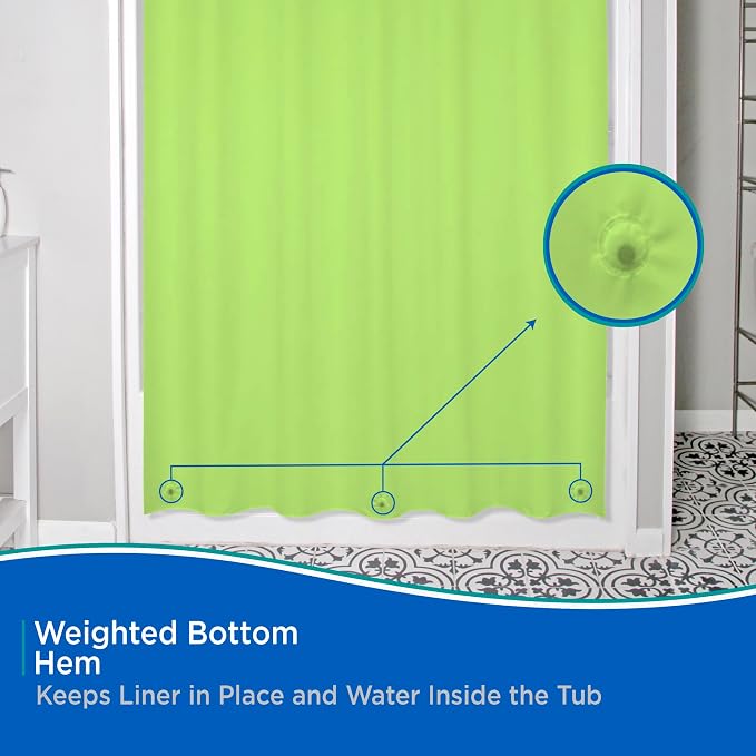 Kenney KN61703 Medium Weight 5 Gauge Waterproof PEVA Shower Curtain Liner with Durable Eyelet Hang Holes, Weighted Magnetic Hem, and 12 Piece Beaded Roller Ring Set for Bathroom, 70" W x 72" H, Green