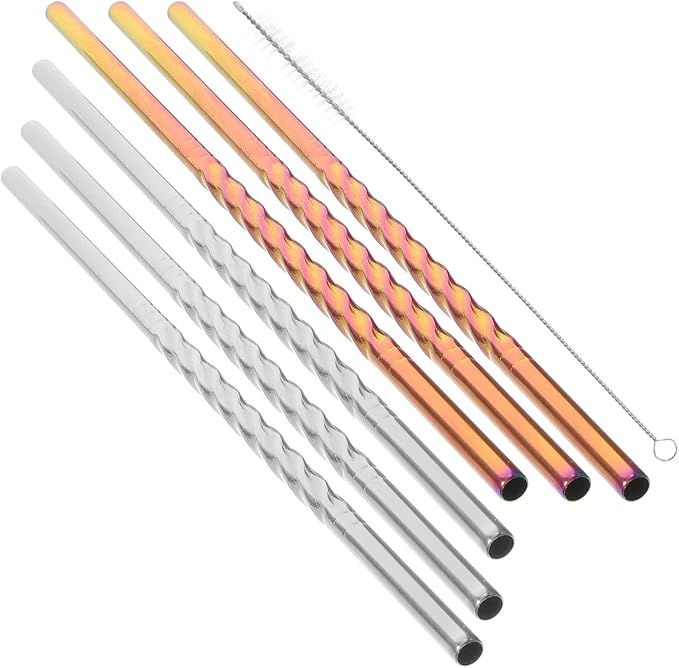 OSALADI 7pcs 304 Stainless Steel Reusable Straws Set for Tumblers, Colorful and Natural Metal Juice Drinking Straws with Cleaning Brush, Party and Birthday Supplies
