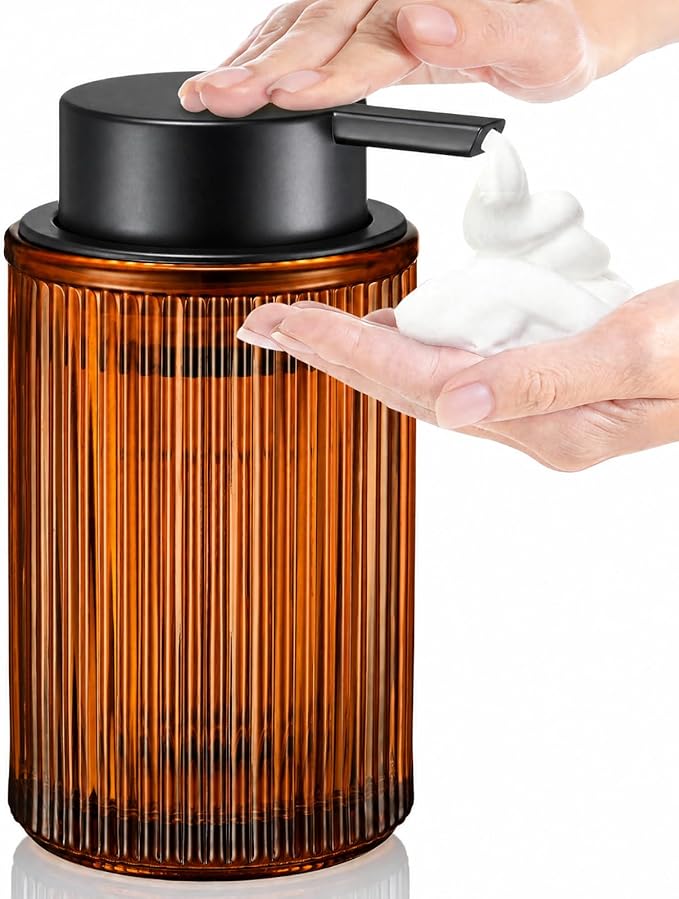 Amber Glass Foaming Hand Soap Dispenser with Matte Black Pump Thick Striped Bottle Refillable for Bathroom and Kitchen Decor 12 fl oz
