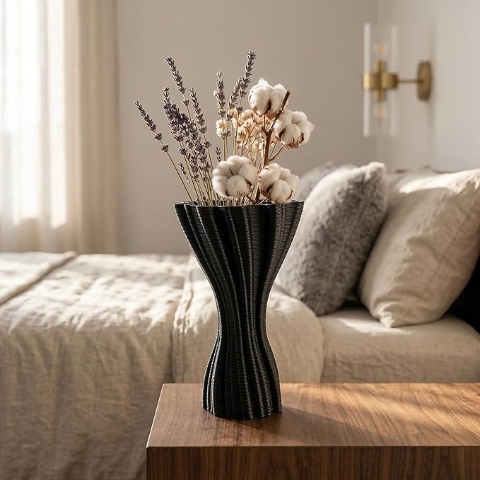 Minimalist Black Ceramic Vase, Irregular Organic Shape Decorative Flower Vase for Home Decor, Wabi-Sabi Modern Accent for Living Room Table Shelf