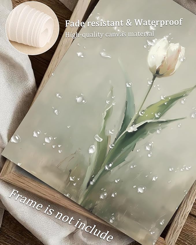 Vodefoad Vintage Neutral White Tulip Wall Art, Neutral White Tulip Wall Art, Minimalist Spring Flower Painting, Retro Botanical Print, Eater Farmhouse Decor for Gallery Home Bedroom Farmhouse Bedroom - 8x10Inch Unframe
