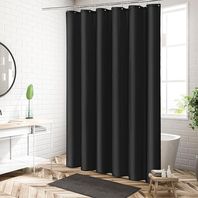 MitoVilla Black Fabric Shower Curtain Liner, Simple Shower Curtain or Liner for Modern Neutral Hotel Bathroom Decor, Waterproof Cloth & Machine Washable, 72" W x 72" H