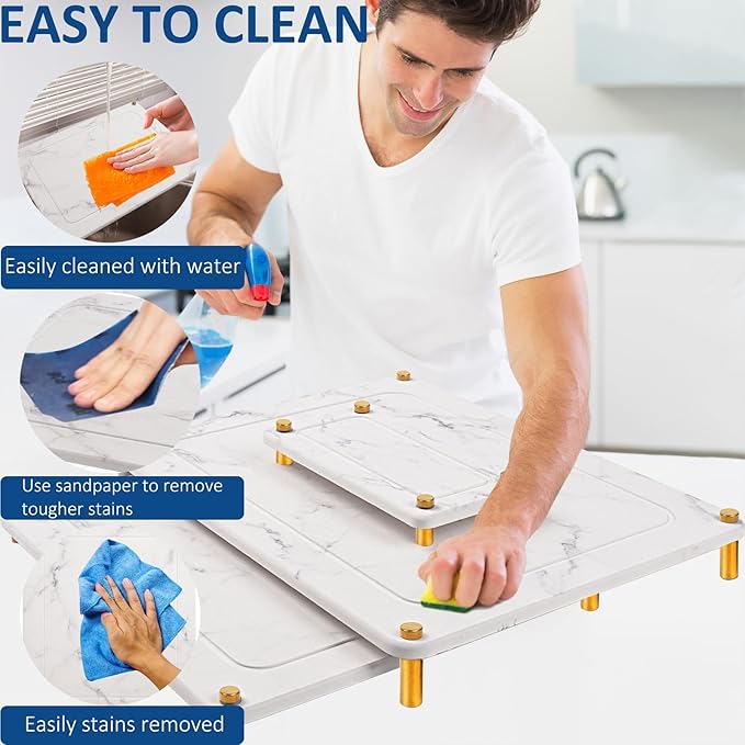 Stone Dish Drying Mat for Kitchen - 3Pcs Stone Drying Mats, Water Absorbing Quick Dry Coffee Tray, Diatomaceous Earth Dish Pad for Sink Counter, Large & Small Multi-Purpose Bottle Rack, Ivory-Marble