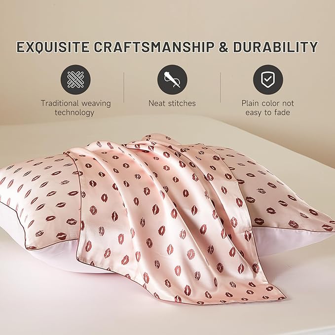 THXSILK Set of 2 Natural Mulberry Silk Pillowcase Hypoallergenic Zipper Pillow Case - Grade 6A+ 100% Pure Mulberry Real Silk Pillowcase (Pink Lipprint, Queen Size 20"x30")