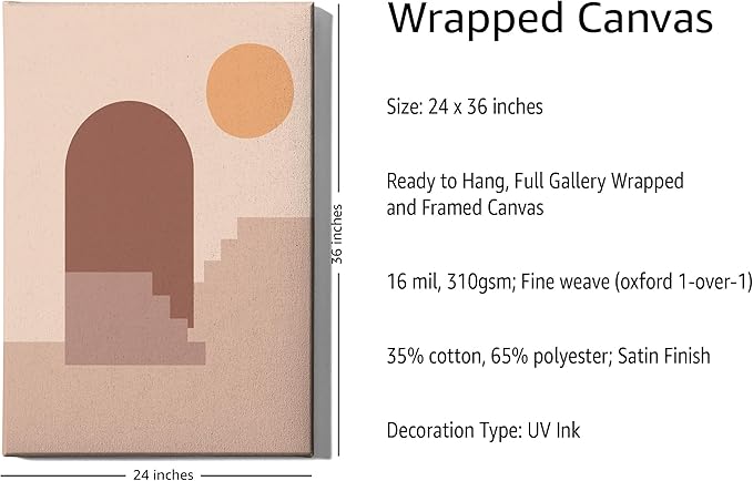 Abstract Architecture Wrapped Canvas Wall Art Archway Stairs Sun Geometric Earth Tones Terracotta 24x36 Inch Gallery Stretched Mid Century Modern Home Art