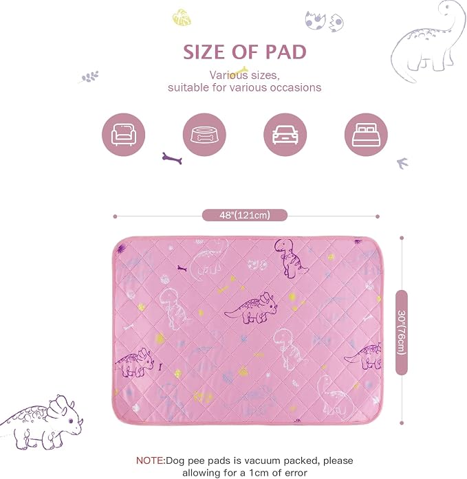 IEUUMLER Washable Pee Pads for Dogs, 2 Pack Non-Slip & Waterproof Pack Whelping Pad, Reusable Washable Puppy Potty Training Pad with Fast Absorbent for Playpen EU007 (Pink Dinosaur, 48"X30"-2pcs)