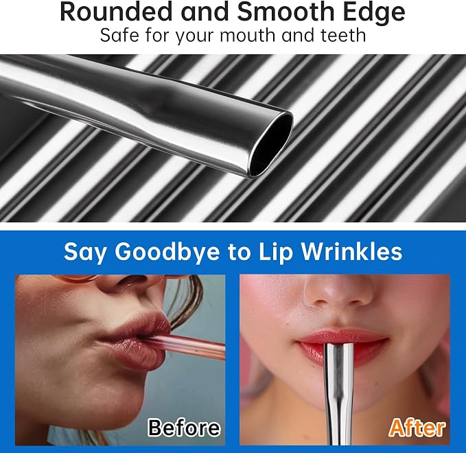 NiHome 8-Pack Anti-Wrinkle Flat Tip Stainless Steel Straws Fit for Stanley Cups, with 2 Brushes & Portable Storage Bag, 4 Lengths for 14oz 20oz 30oz 40oz Tumblers, Dishwasher Safe Reusable Straws