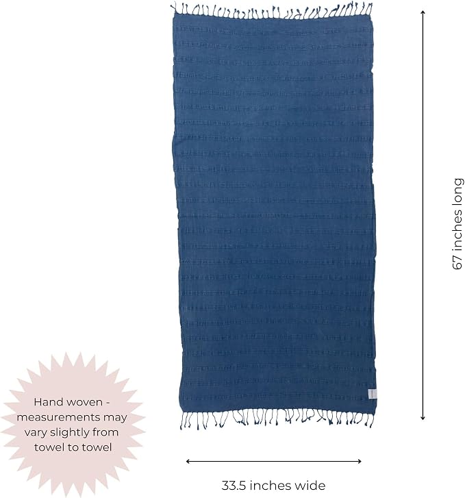 InfuseZen Stonewashed Turkish Cotton Bath and Beach Towel - Blue | 100% Organic, Thin, Soft, Lightweight, Absorbent, Quick-Drying, Large Peshtemal, Sand-Resistant for Shower, Pool, Spa, Travel