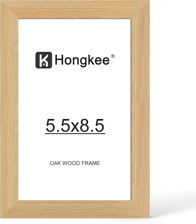 Hongkee 5.5x8.5 Oak Wood Picture Frame (1 Pack, Natural) Real Glass Cover | 5.5 x 8.5 Solid Wood Frame for Wall or Tabletop Display - Includes Easel Back, Vertical Hang - Ideal for Home, Office