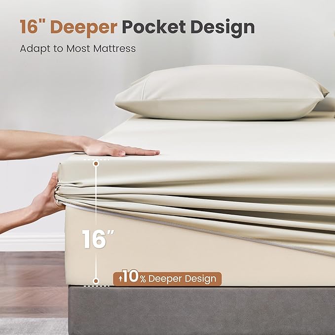 Sophia & William 1000 Thread Count Egyptian Cotton Sheets California King, 100 Percent Cotton Sheets Sateen Weave, 16" Deep Pockets, All-Season 4 Piece Silky Sheet - Ivory