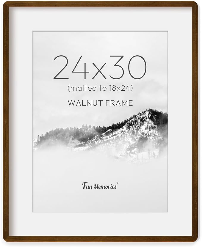 Fun Memories 24x30 Poster Frame with Mat for 18x24 - Solid Walnut Wood Photo Frame, Rounded Corner 24 x 30 Wooden Frame Matted to 18x24 Photo, 24 By 30 Wood Frame with Tempered Glass, Natural Walnut