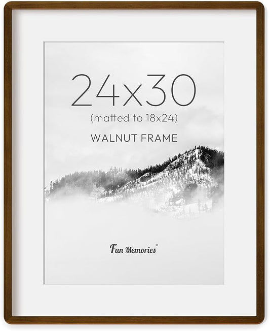 Fun Memories 24x30 Poster Frame with Mat for 18x24 - Solid Walnut Wood Photo Frame, Rounded Corner 24 x 30 Wooden Frame Matted to 18x24 Photo, 24 By 30 Wood Frame with Tempered Glass, Natural Walnut
