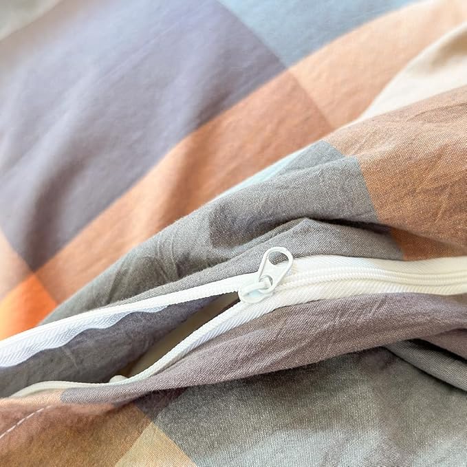 FACE TWO FACE Bedding Duvet Cover Set100% Washed Cotton Duvet Cover Linen Like Textured Breathable Durable Soft Comfy (Twin, Cookie Powder Grid)