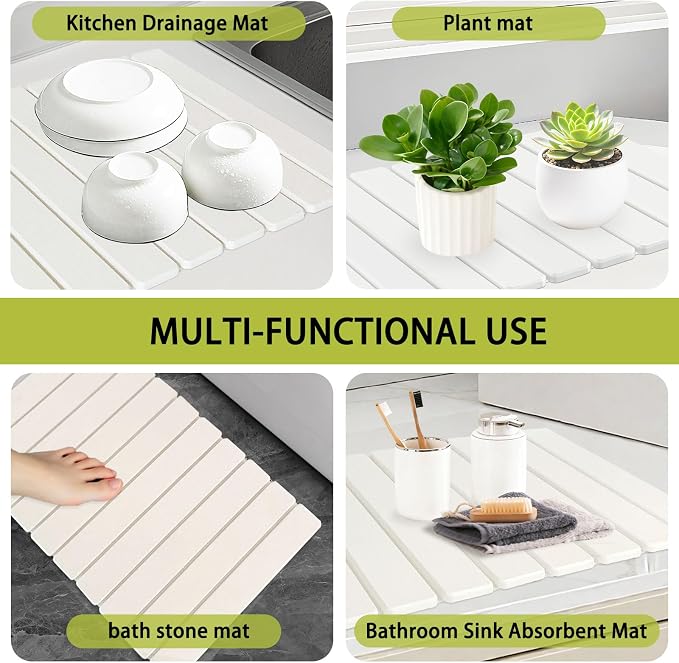 Stone Drying Mat for Kitchen Counter,23.6(L)x15.3(W) Collapsible Quick Drying Dish Mats for Kitchen Counter & Bathroom,Ultra Absorbent Diatomaceous Earth Dish Drying Mat for Dishes Cookware Cups