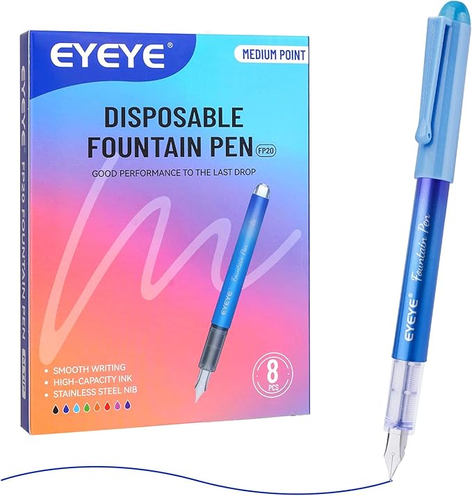 EYEYE Disposable Fountain Pens for Writing, Pack of 8 Blue Fountain Pens Medium Point Stainless Steel Nib