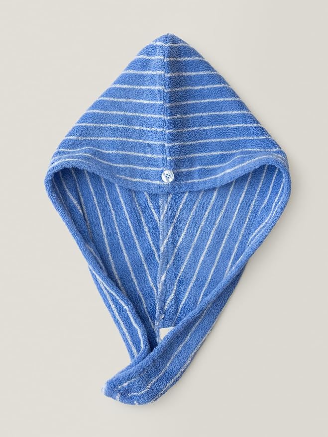 WENSHUO Azure Holiday-Striped Hair Towel Wrap-Drying Tool,100% Combed Cotton,Luxury Hair Dry Towels,Super Absorbent with Button Fasten(Pack of 1)