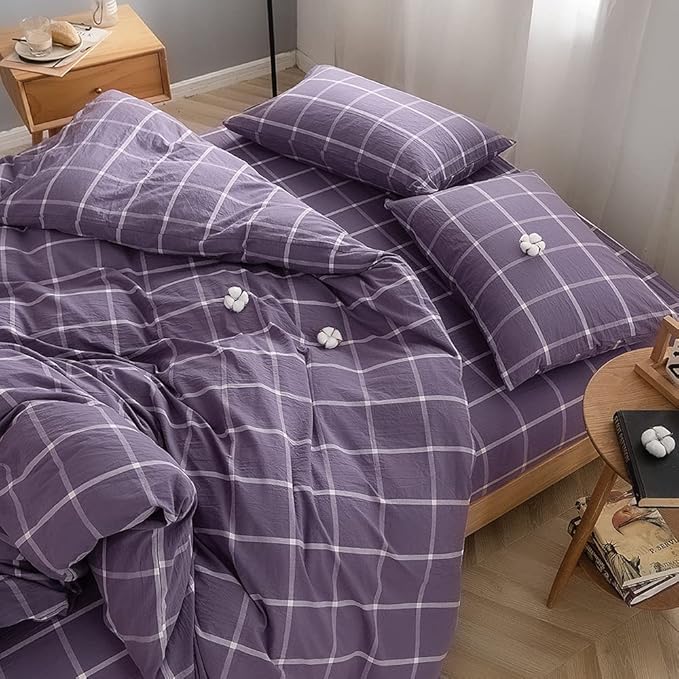 FACE TWO FACE Bedding Duvet Cover Set100% Washed Cotton Duvet Cover Linen Like Textured Breathable Durable Soft Comfy(Full, Purple Grid)