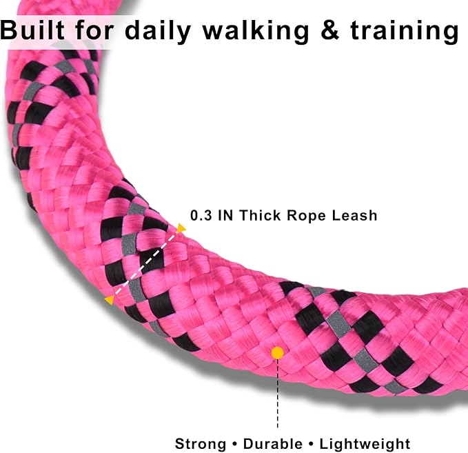 Dog Leash and Collar Set – 6 FT Strong Rope Leash with Padded Handle & Adjustable Nylon Collar Reflective for Small Medium Large Dogs (Pink, L)