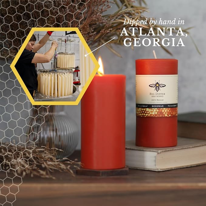 Big Dipper Wax Works Pumpkin Orange Pillar Candle, 90-Hour Long Burn, Pure Beeswax Candle, 3" x 6”