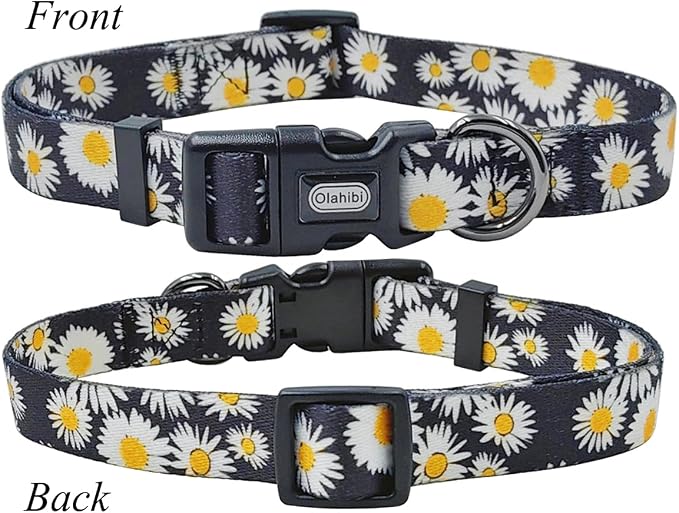 Dog Collar and Leash Set, Cute Daisy Pattern, Polyester Material, 5ft Leash, for Small Dogs.(Small,Black Daisy)
