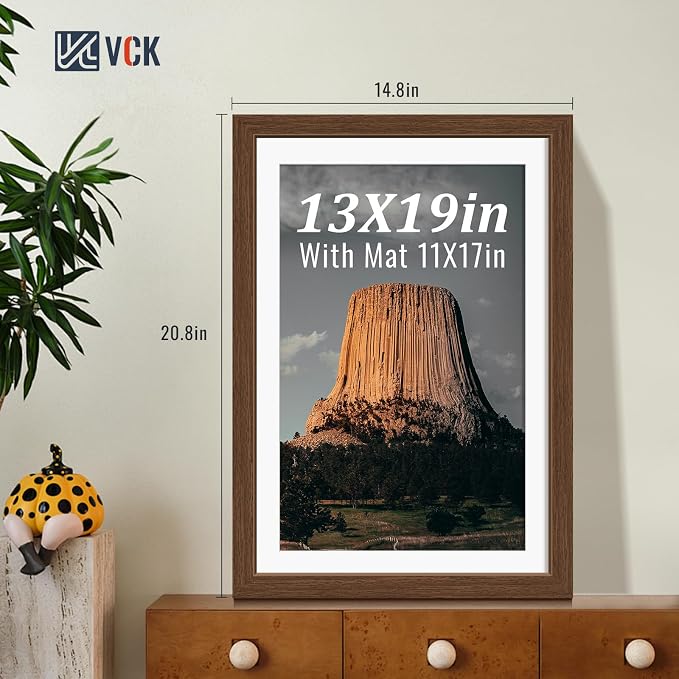 VCK 13x19 Picture Frames Brown 3 Pack, Wide Border Wood, Tempered Glass, Display 11x17 Photo with Mat or 13 x 19 without, for Home, Office, Gallery, Woodgrain Series, Wall Hanging
