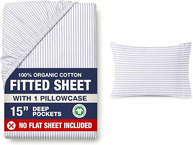 LANE LINEN 100% Organic Cotton Twin Size Fitted Sheet & Pillowcase (No Flat Sheet) - Soft & Breathable Percale Weave Fitted Sheet Set - 15'' Deep Pocket For Snug Fit - GOTS Certified - Ticking Stripe