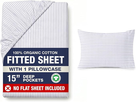 LANE LINEN Twin XL Fitted Sheet, 100% Organic Cotton 2-Piece Set (1 Fitted Sheet, 1 Pillowcase), Percale Weave, Bottom Sheet, Breathable, Fits Mattress Upto 15" Deep - Ticking Stripe (No Flat Sheet)