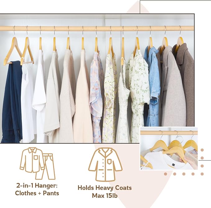 Wooden Hangers, 20 Pack Wood Hangers with Extra Smooth Finish, Precisely Cut Notches and Chrome Swivel Hook, Wooden Clothes Hangers for Shirt Suit Jacket Dress