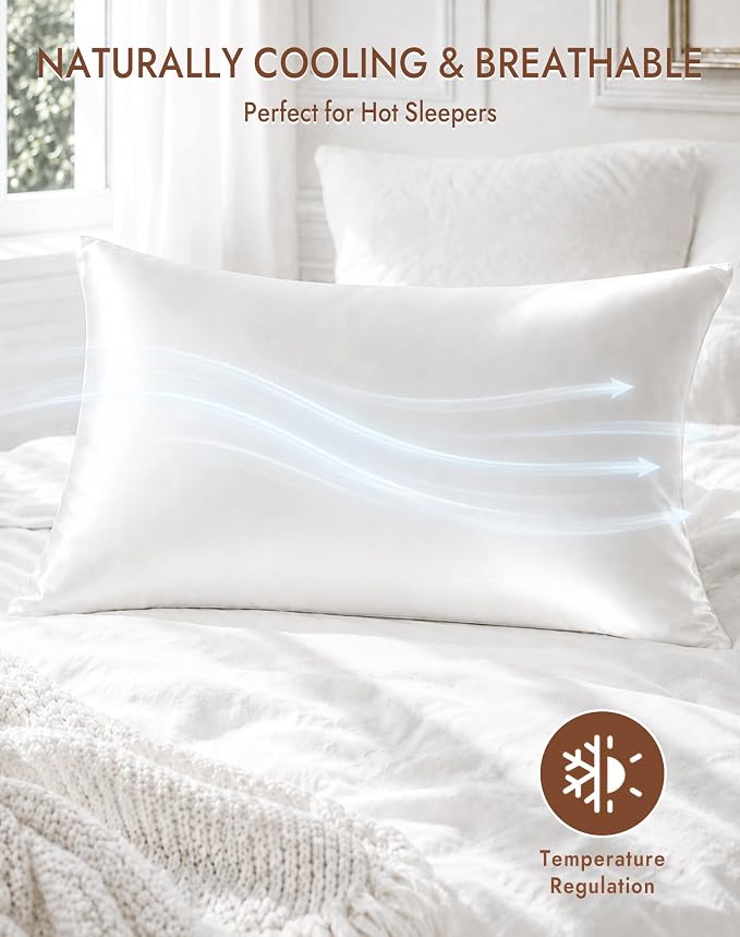 SilkSilky 100% Pure Organic Mulberry Silk Pillowcase for Hair & Skin, Both Sides Grade 6A Pillow Cases with Hidden Zipper, Breathable Cooling Silk for Beauty Sleep (Queen 20''x30'', White)