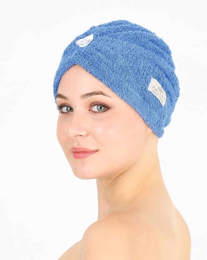 HALLEY Cotton Hair Towel Wrap (3 Packs) Super Absorbent Fast Drying Hair Towel for Thick Hair Turbans for Wet Hair with Button (Pink, Blue, Grey)