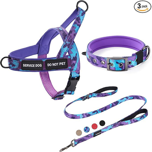 Annchwool No Pull Dog Harness,Heavy Duty Collar & Leash Set-Leash with Double Handle & Car Seatbelt Clip-Easy Control for Walking Training Medium Large Size Dogs(Camo Purple,M)
