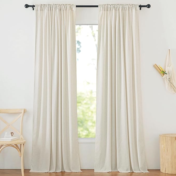 NICETOWN Natural Linen 144 inch Long Curtains for Bedroom, Rod Pocket & Back Tab Thick Flax Privacy Semi Sheer Window Treatments with Light Filter for Living Room, W55 x L144, 2 Panels