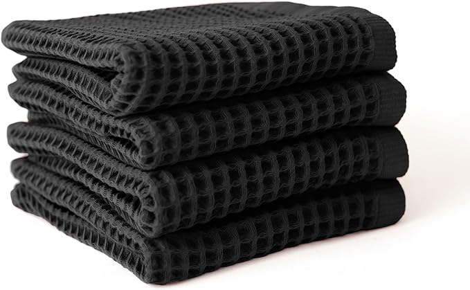 Premium Waffle Hand Towels Pack of 4 Extra Large 20x35 inch - 100% Turkish Cotton, Waffle Weave, Quick Dry, Lint Free, Super Absorbent, Thin Hand Bath Towel (Black, Set of 4 Hand Towels)